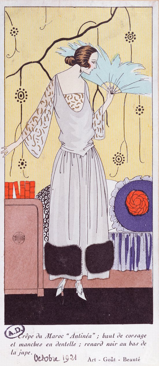 Divattányér tollból készült legyezőt ábrázolva, Art, Gout, Beaute, 1921, (pochoir print) alkotó: French School