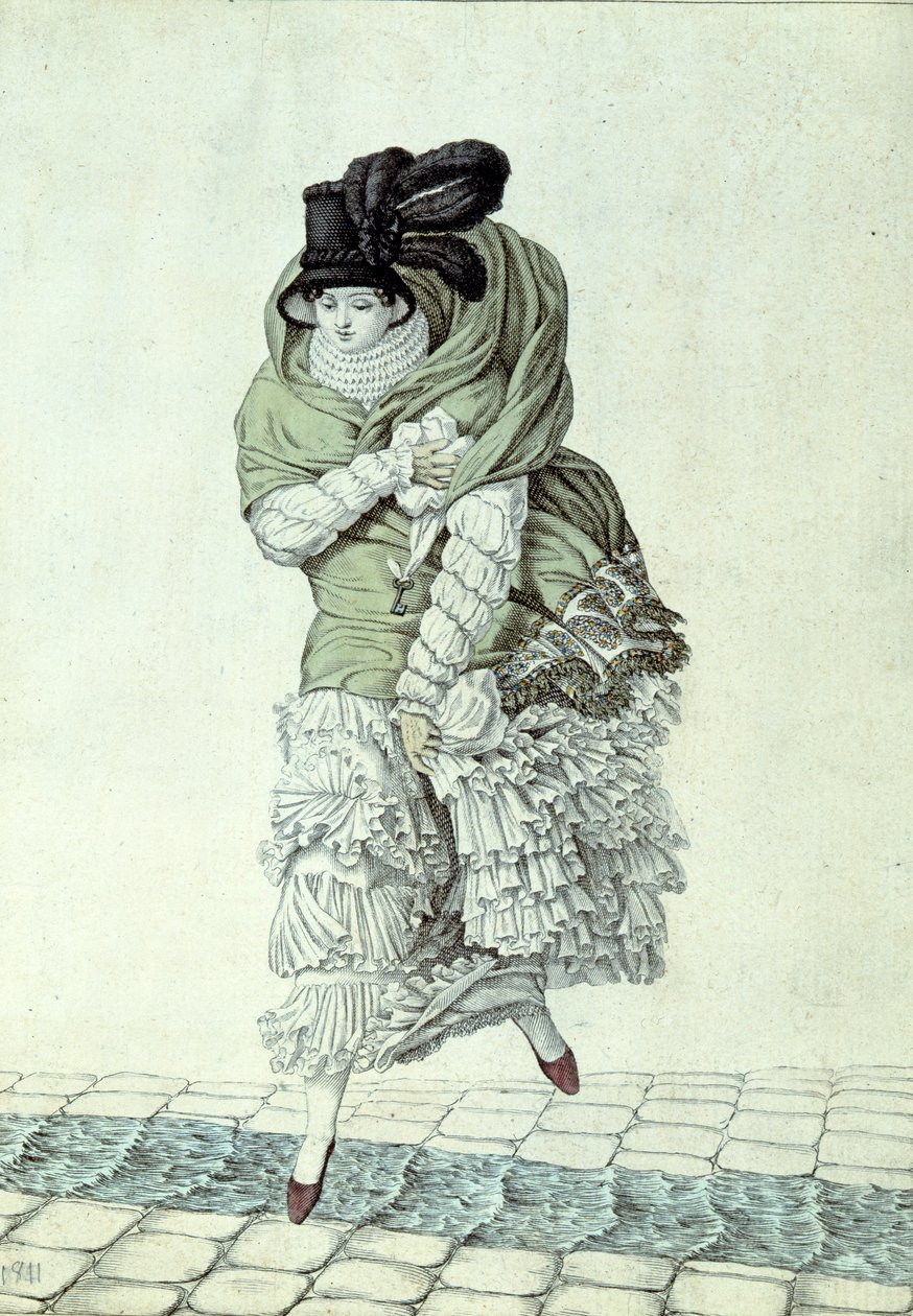 Divattábla egy szennyvízpatakon átkelő hölgyet ábrázoló, 1811 (színes metszet) alkotó: French School