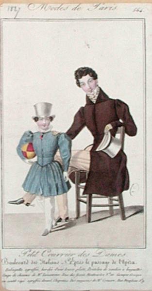 Egy apa és fia ruháit ábrázoló divattányér, a „Petit Courrier des Dames” reklámja alkotó: French School