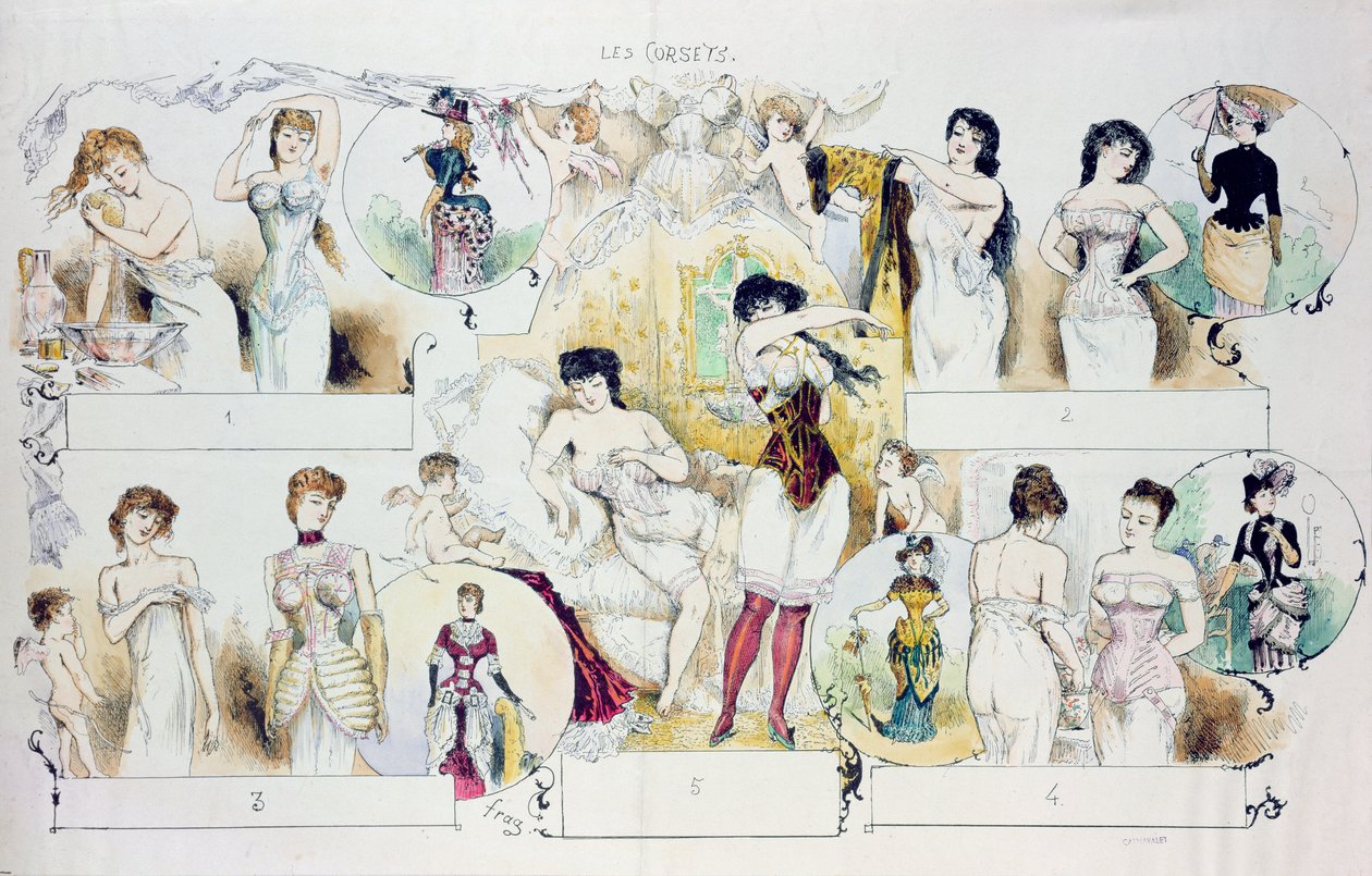 Fűzőket ábrázoló divattányér a La Vie Parisienne számára, 1870 körül (színes metszet) alkotó: French School