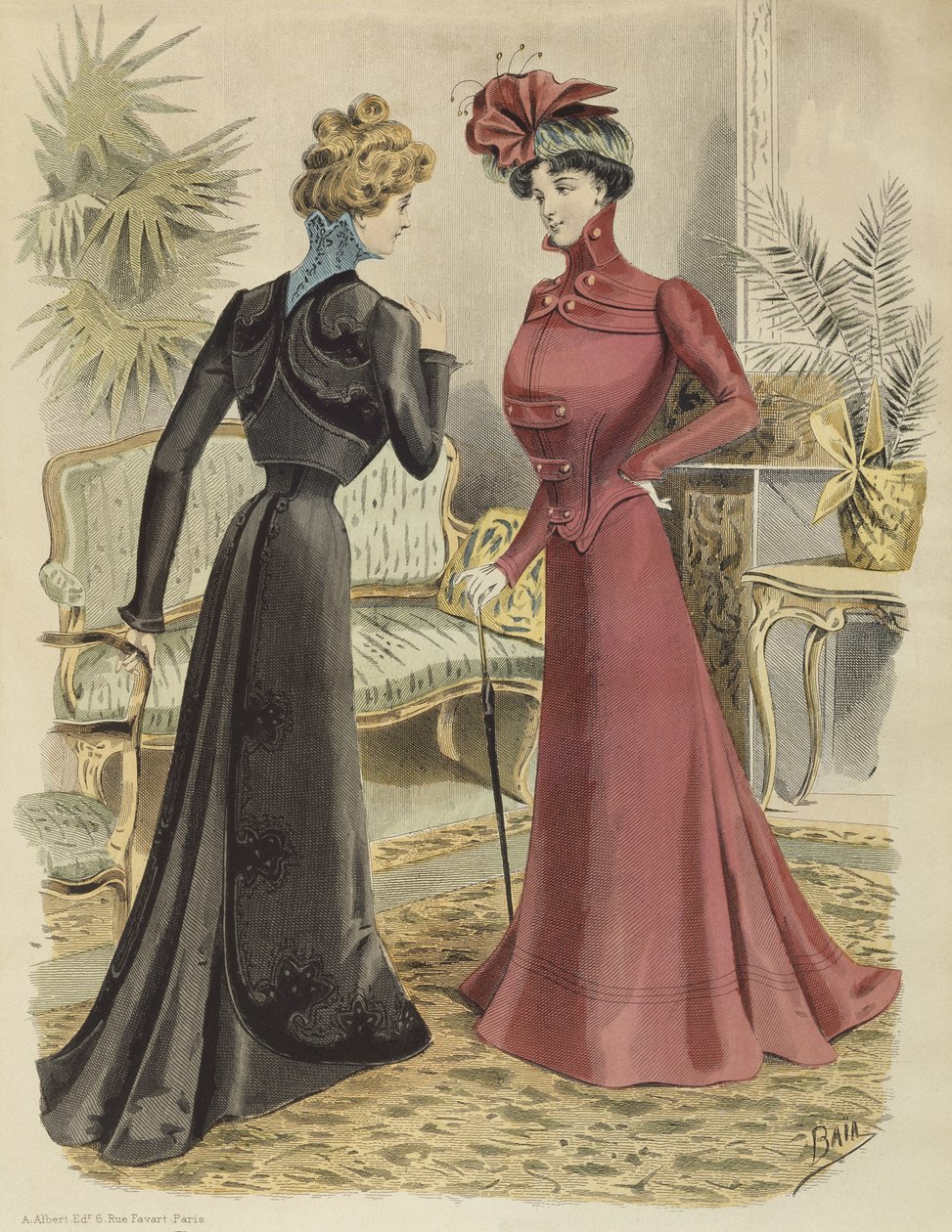 Divattányér, a nappaliban, illusztráció a La Nouvelle Mode-ból, 1897 (színes metszet) alkotó: French School