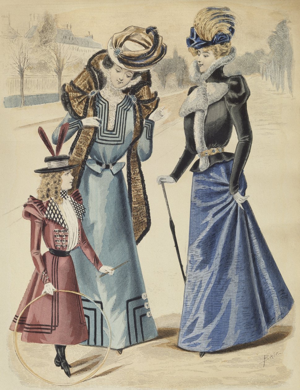 Divattábla, a körúton, illusztráció a La Nouvelle Mode-ból, 1897 (színes metszet) alkotó: French School