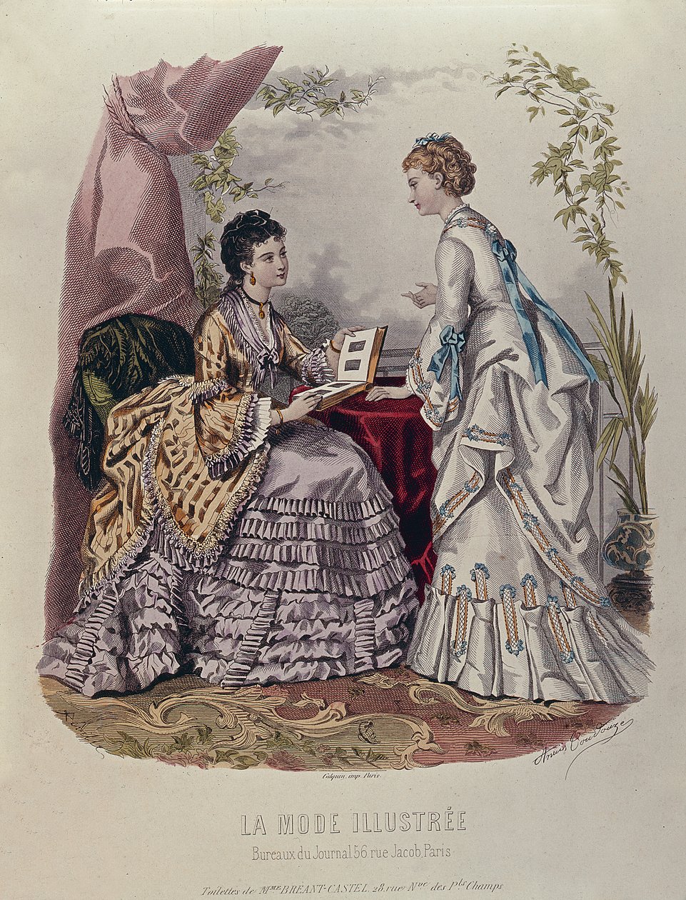 Divattábla, amelyen hölgyek láthatók Mme Breant-Castel által tervezett ruhákban, és fotóalbumokat nézegetnek, 1872 alkotó: French School
