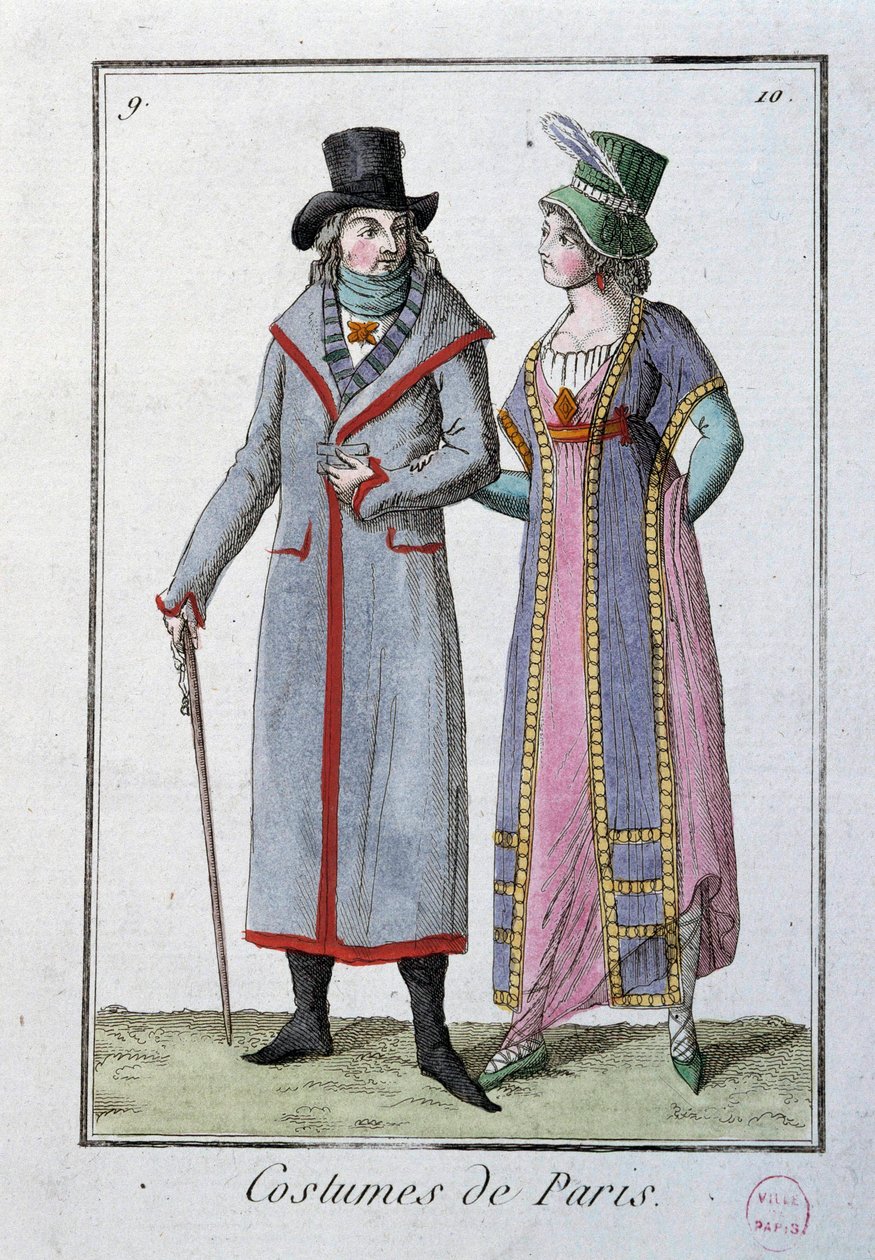 Divat a Directoroire alatt: pár elegáns párizsi. 1795. névtelen litográfiája. Párizs, jelmezmúzeum alkotó: French School