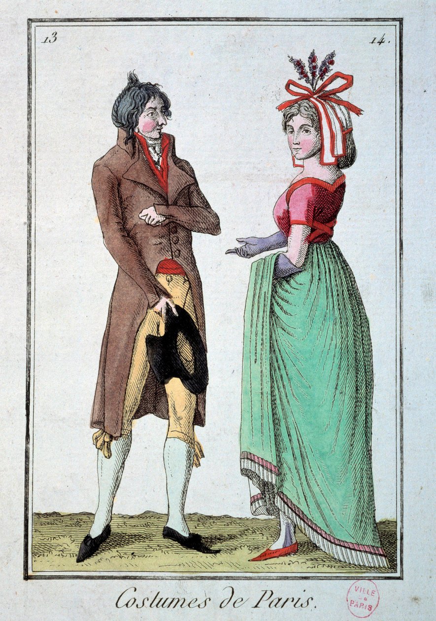 Divat a könyvtár alatt: egy pár elegáns, a nő kalapot visel a kertésznél. Metszet 1795-ből. Párizs, viseletmúzeum alkotó: French School