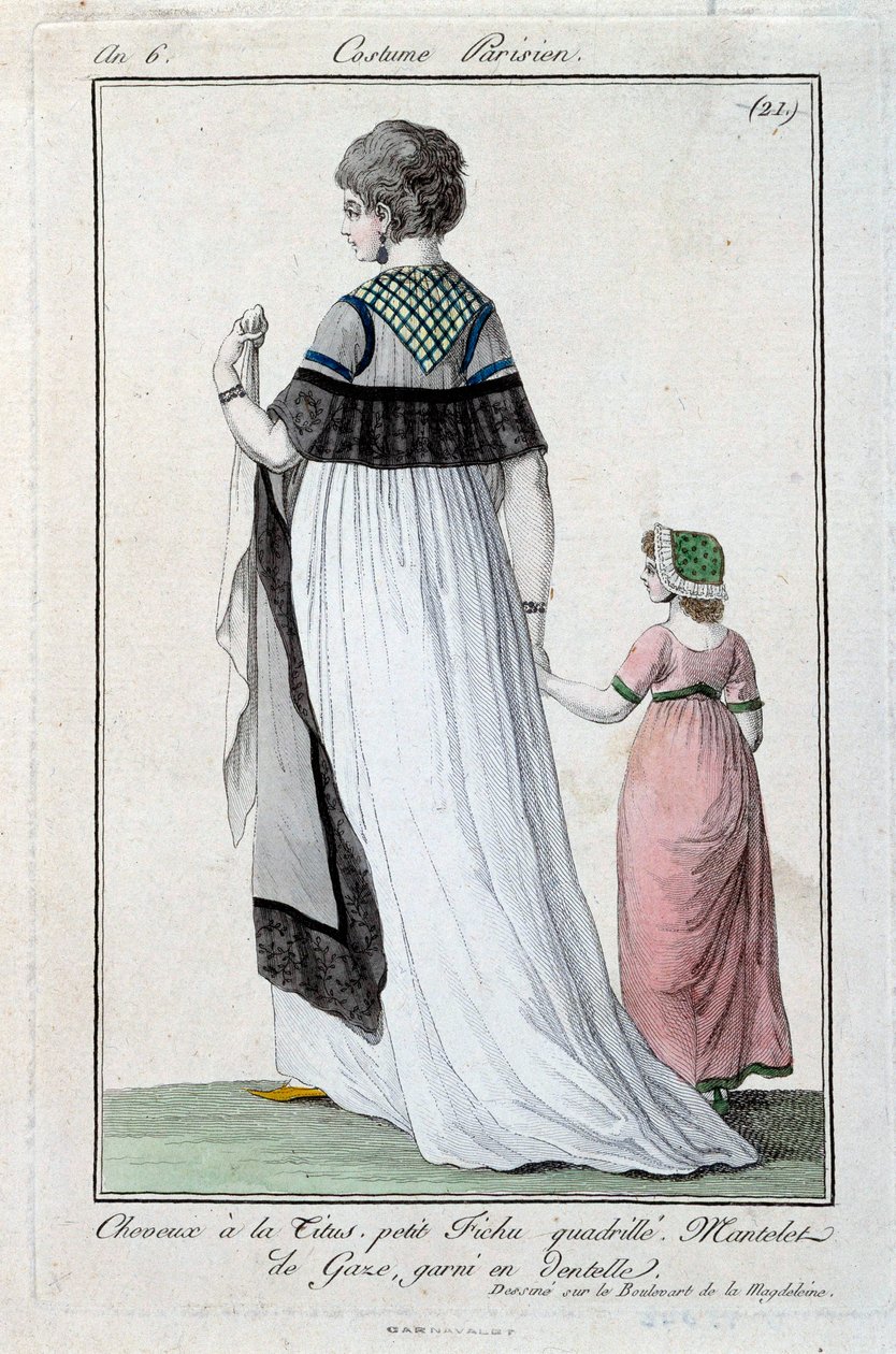 Divat az igazgatóság alatt: elegáns fiatal párizsi nő, aki Tituszt visel, csipkével díszített gézköpenyt. 1797. Párizs, jelmezmúzeum alkotó: French School