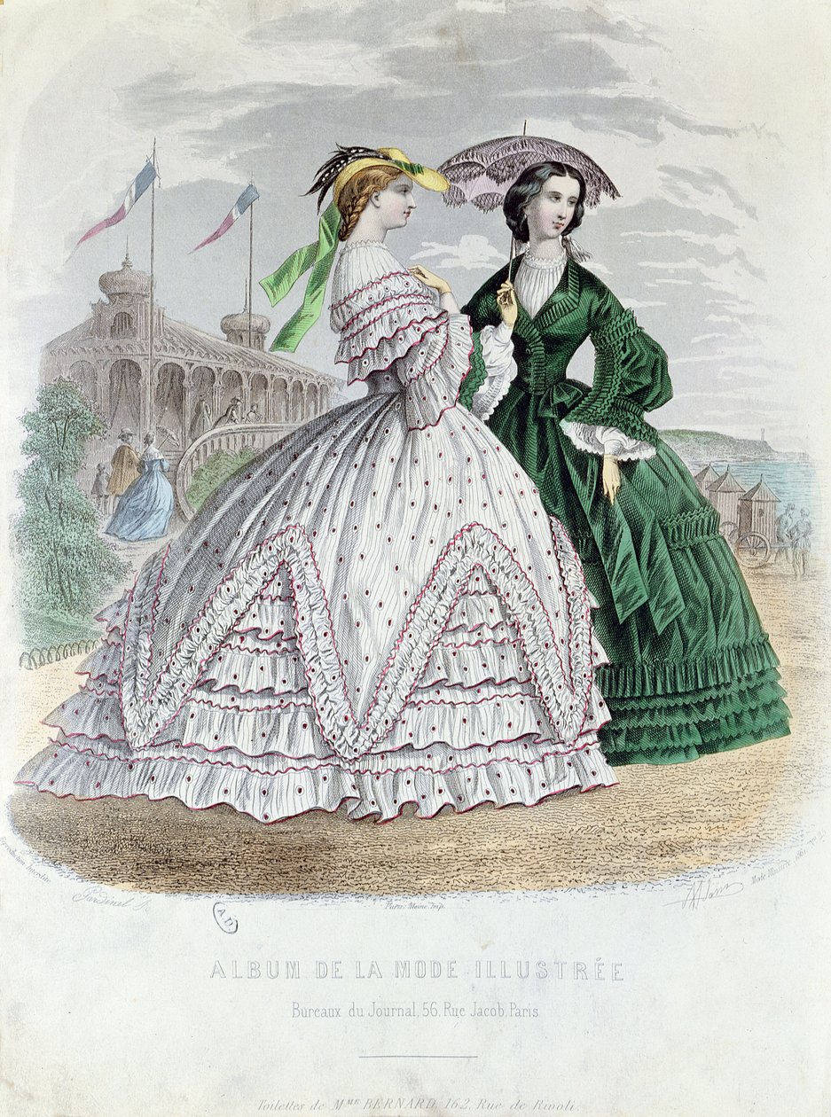 Divatos párizsi hölgyek a tengerparton, 1861 (színes metszet) alkotó: French School
