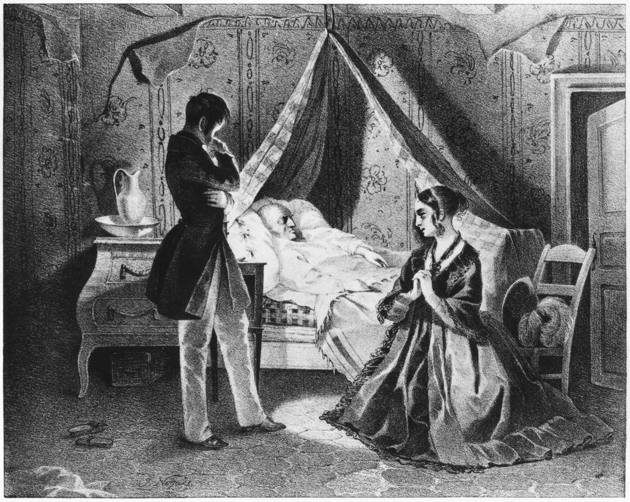 Goriot atya a halálos ágyán, illusztráció Honore de Balzac (1799-1850) „Le Pere Goriot” című művéből alkotó: French School