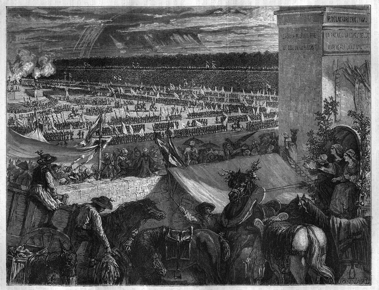 A Föderáció ünnepe a párizsi Champ de Marsban a Bastille elfoglalásának első évfordulóján, 1790. július 14-én. Vésett Maurice Lachatre „Histoire des Papes-Rois-Queen and Empereurs a travers les centuries” című könyvébe. alkotó: French School