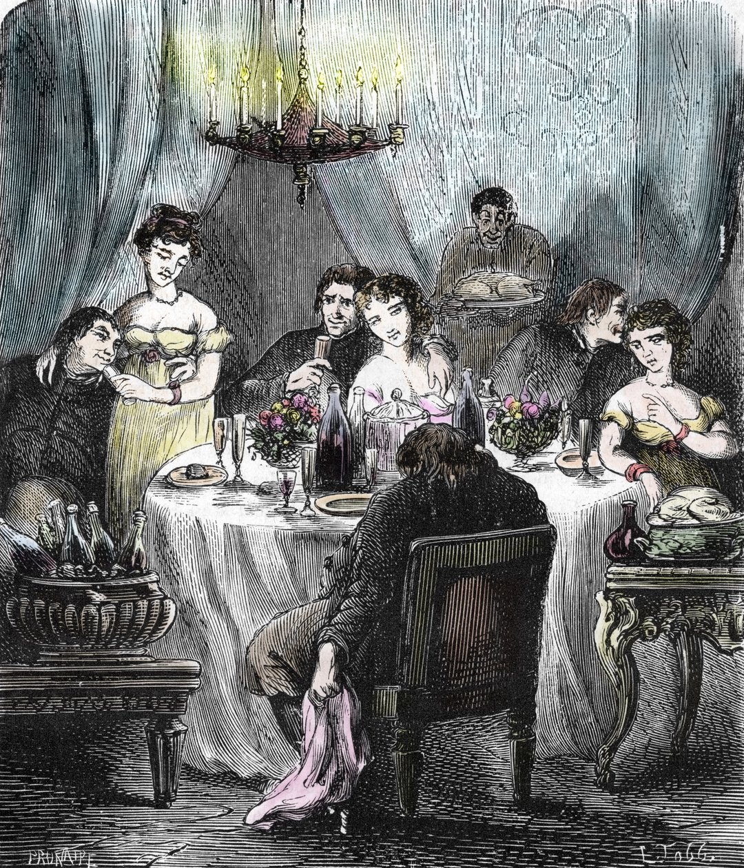 A jezsuiták által szervezett, fiatal nők látogatását fogadó lakomák a Saint-Acheul a Amiens-i apátságban a restaurálás alatt alkotó: French School