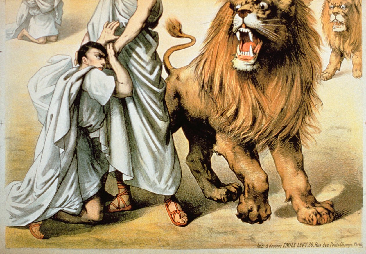 Az oroszlánoknak etetve (színes litográfia) alkotó: French School