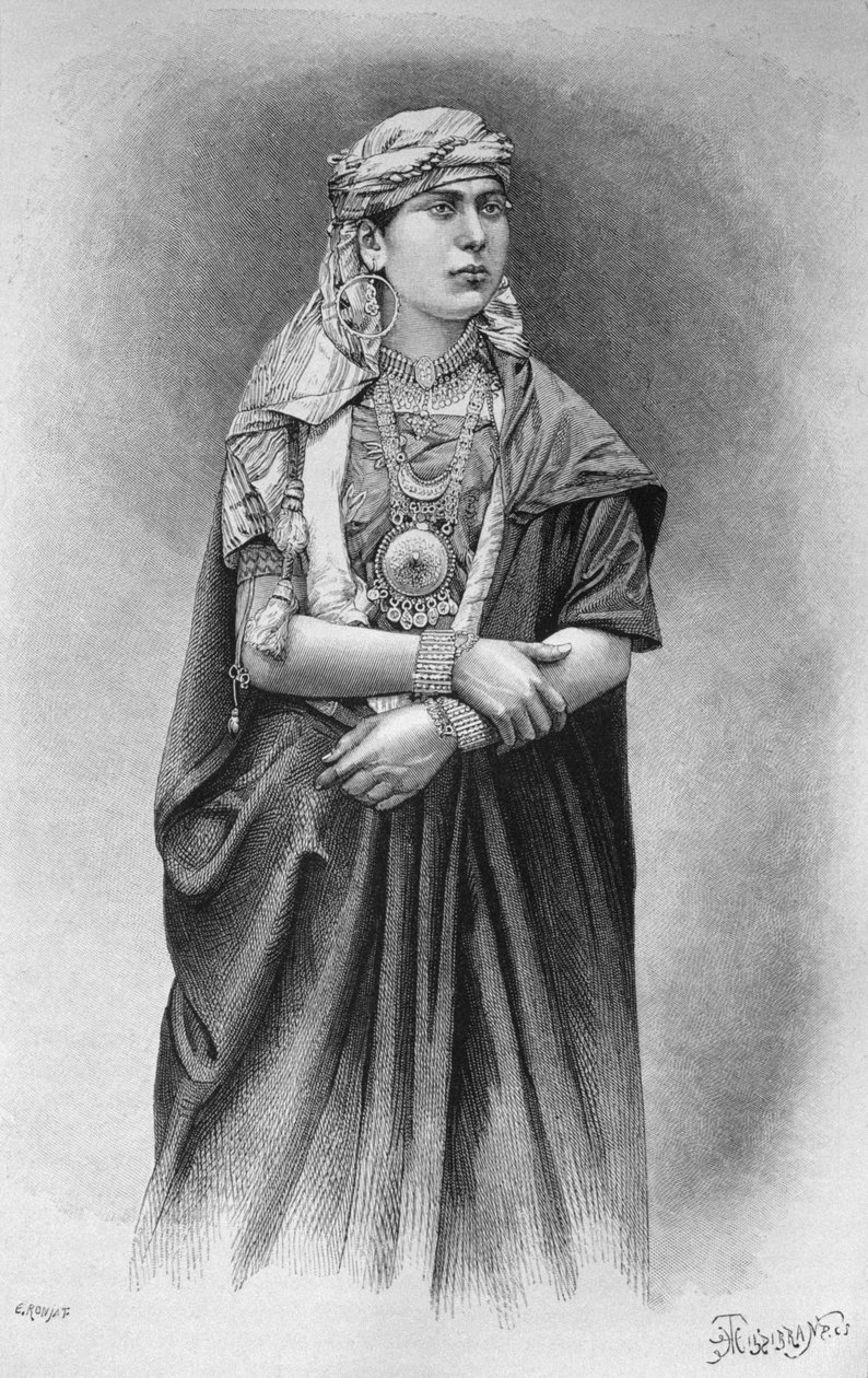 Fellaheen lány ünnepi ruhát visel, Szíriából ma. Utazások Föníciában, Libanonban és Júdeában. Louis Charles Emile Lortet 1875-1880, 1884 (bw metszet) alkotó: French School