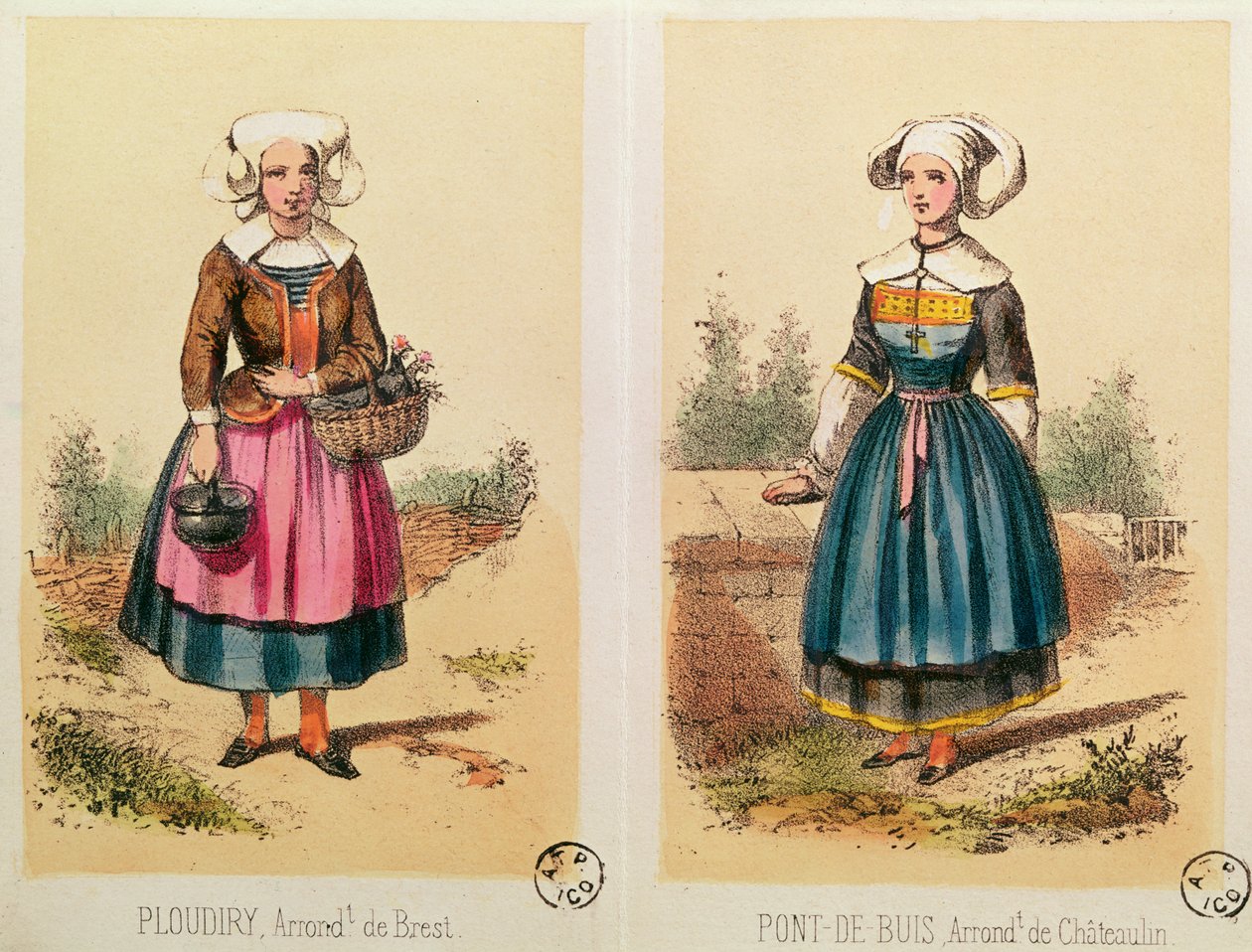 Női jelmezek a Ploudiry-tól és a Pont de Buis-tól, a Les Costumes Bretons de Sorrieu-tól alkotó: French School