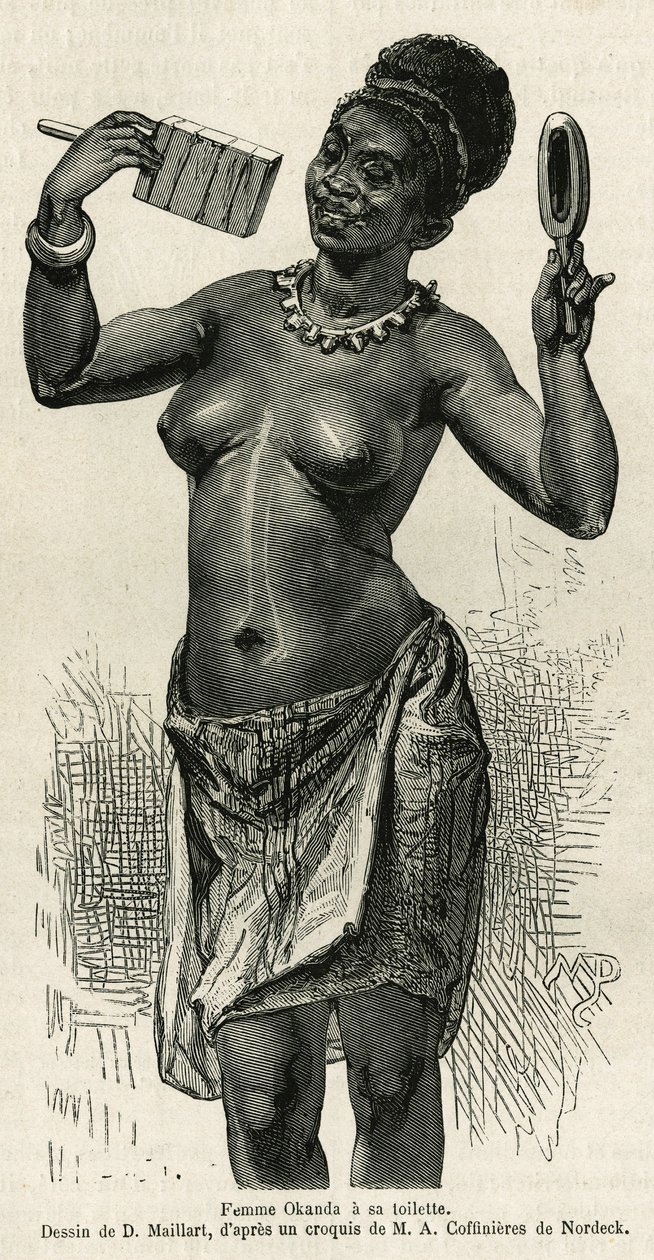 Femme Okanda WC-je D.Maillard rajzával illusztrálja Alfred Marche 1875-1877-es gaboni és az Ogoue-folyói utazásának történetét. Gravírozás a Le tour du monde-ban alkotó: French School