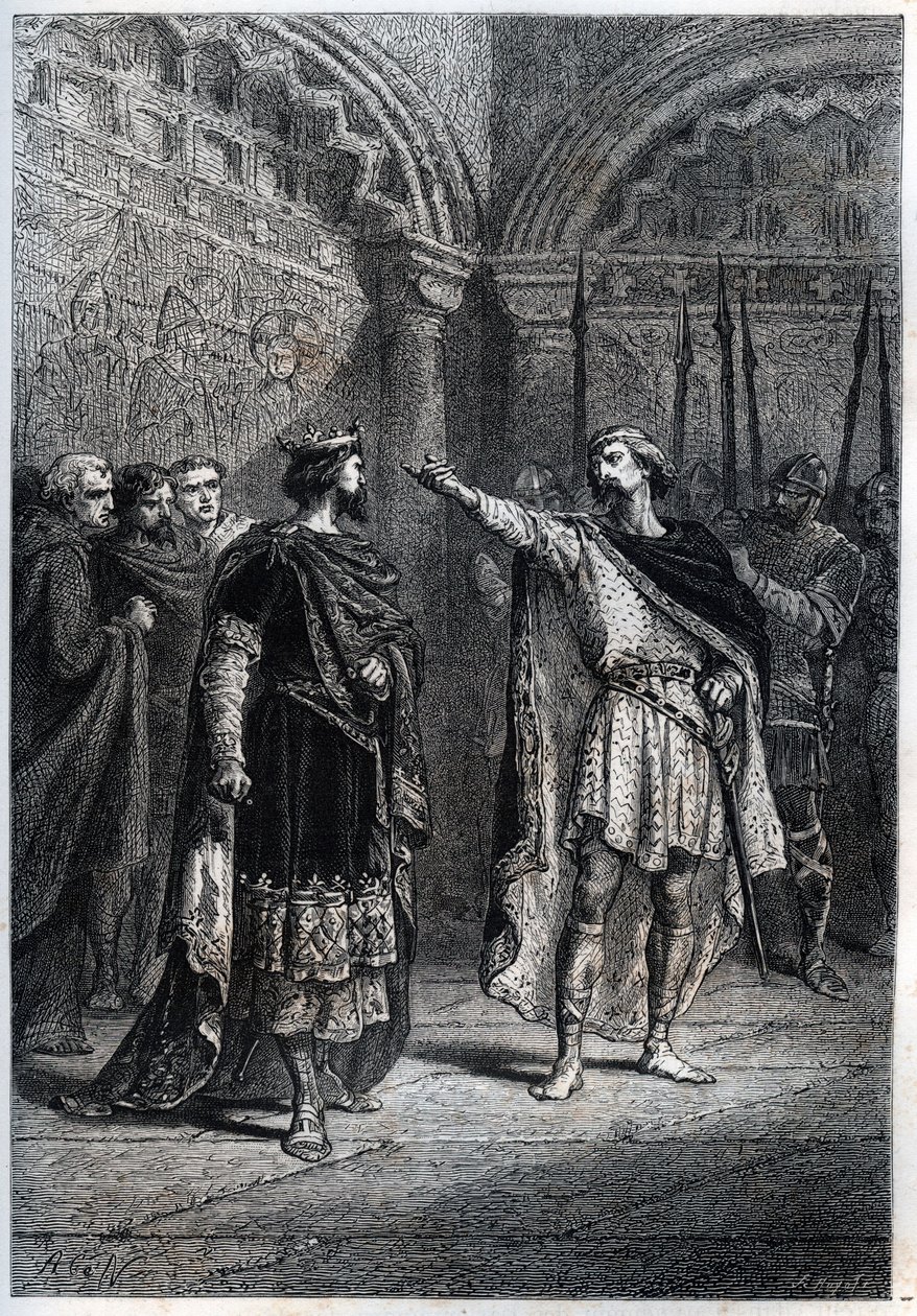 Feodális rezsim: „Ki tett téged királlyá? "" : Audebert (Adalbert), Perigord grófja (968-995) gátlástalanul válaszol Hugues Capet királynak (938-996), aki megkérdezte tőle, hogy kitől számított - Guizot "Histoire de France"-jának abroncsa gravírozása alkotó: French School