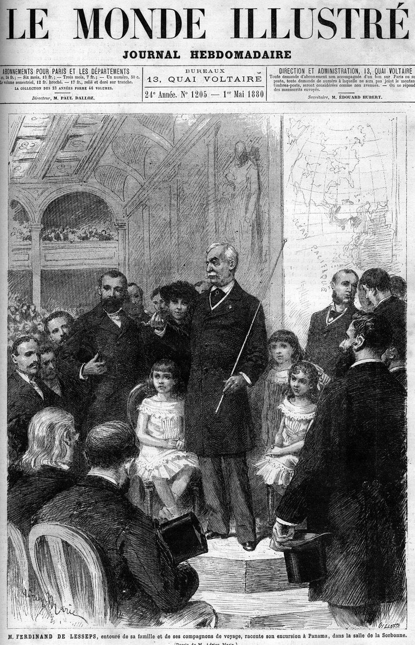 Ferdinand de Lesseps családja és útitársai veszik körül, és elmeséli panamai utazását a Salle de la Sorbonne-ban. Az 1880-as „Illustrous World” borítója. alkotó: French School