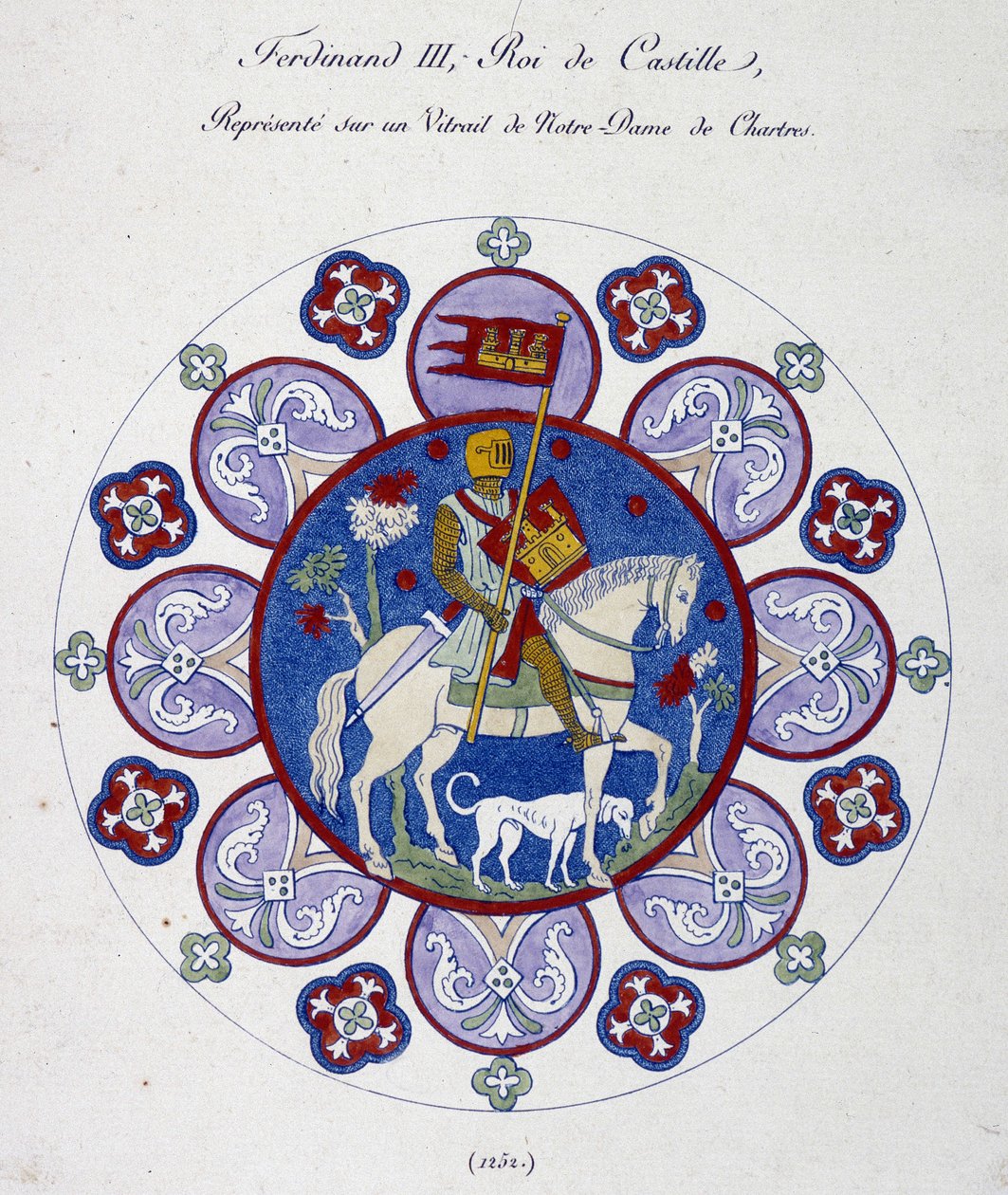 III. Fernánd, Kasztília királya a Notre Dame de Chartres-i ólomüvegen (1252) ábrázolja. Főiskolai hasonlat. alkotó: French School