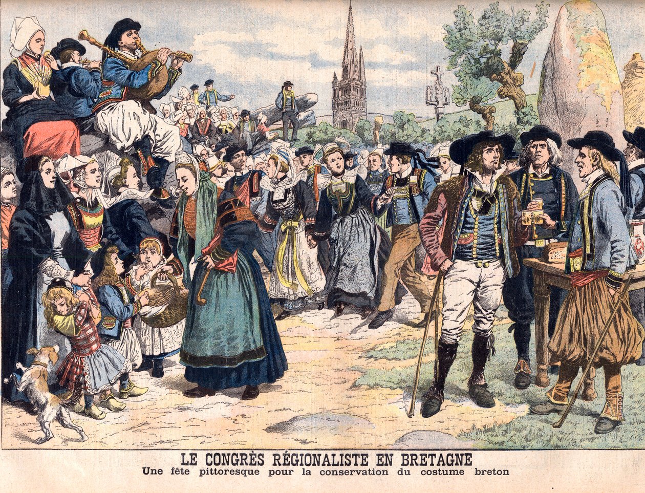 Fesztivál a hagyományos breton viselet megőrzéséért. Regionális Kongresszus Bretagne-ban. Festői ünnepség a breton jelmez megőrzésére. Illusztráció a Le petit Journal számára alkotó: French School