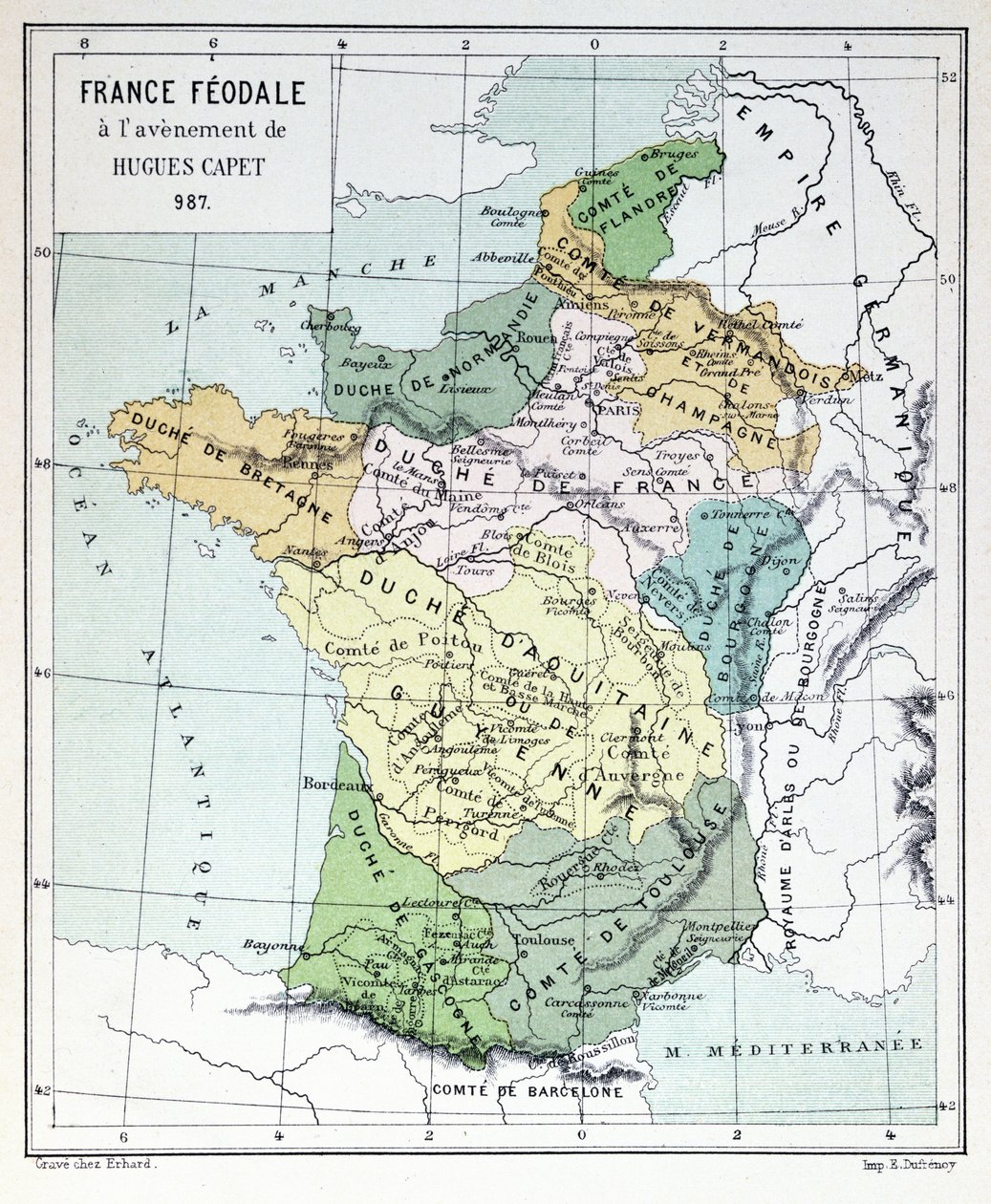 Feudális Franciaország Hugues Capet 987-es csatlakozása idején, a térkép egy Histoire de France-ban illusztrált, 1880 körül alkotó: French School
