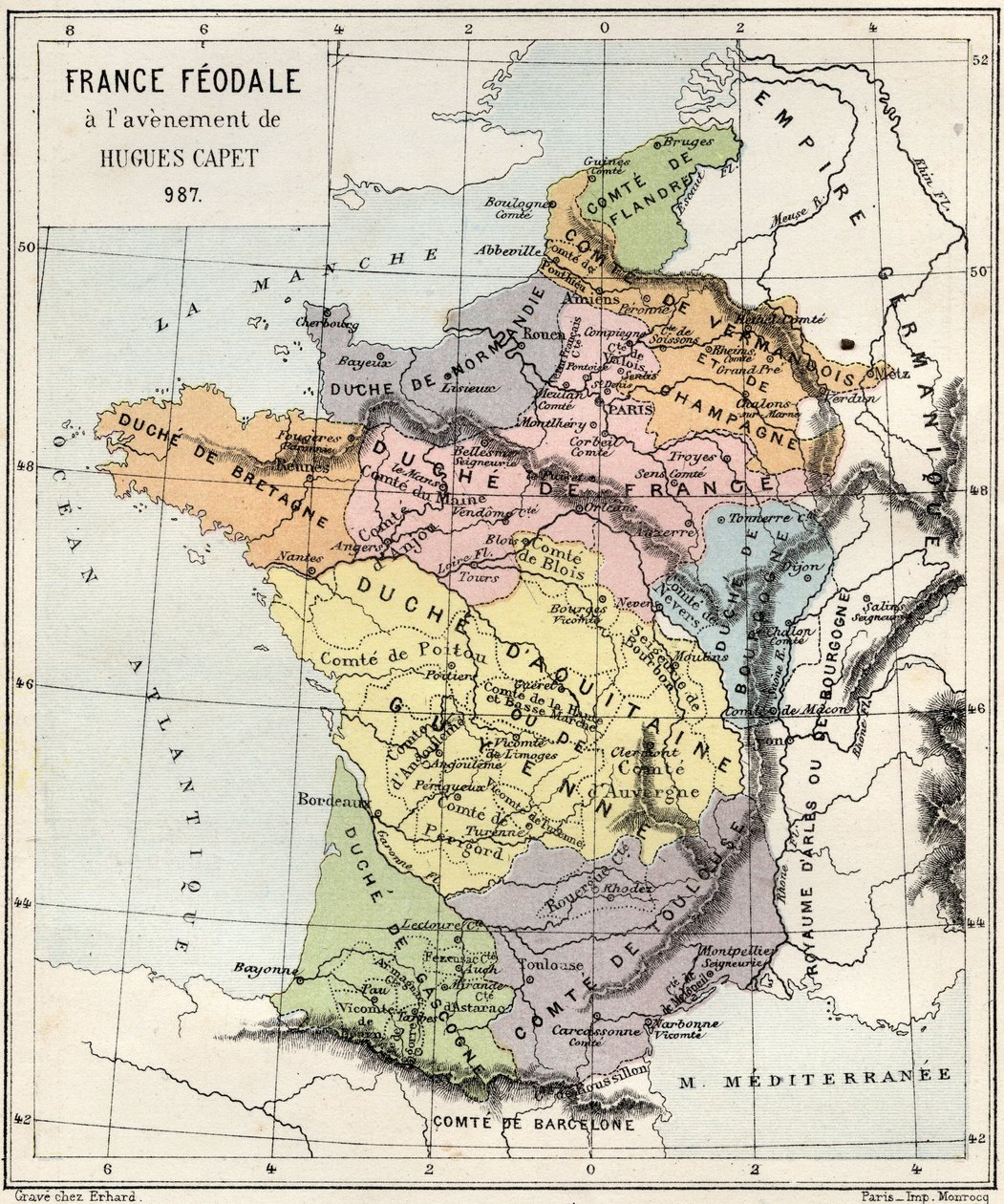 Feudalizmus - Franciaország Feudalizmus Hugues Capet megjelenésekor - 987 - metszet a "" Franciaország története az unokáimnak elmesélve"-ből" - Francois Guizot - 1872-1876 alkotó: French School