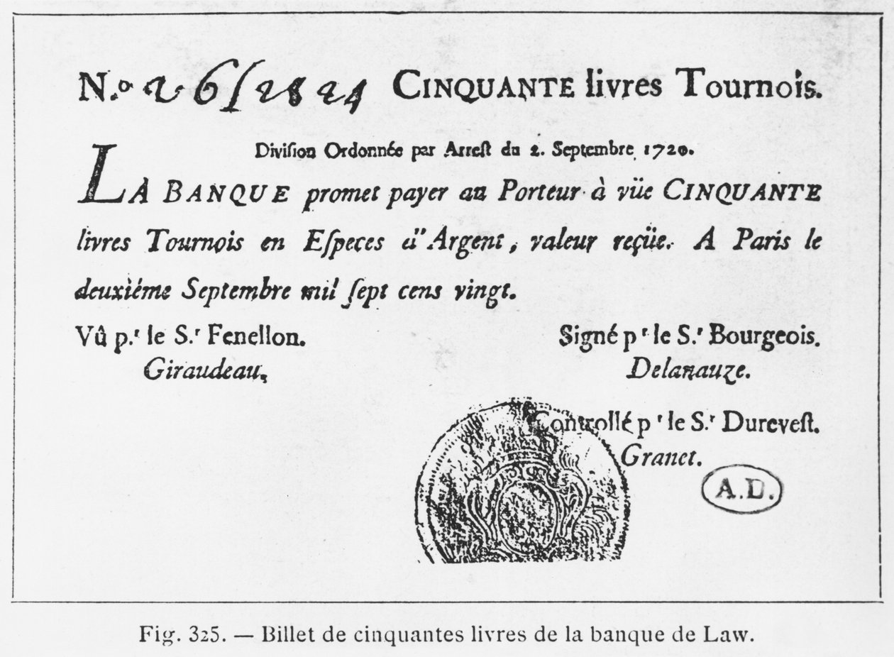 Ötven fontos francia bankjegy a Law Banktól, 1720. szeptember 2-án alkotó: French School