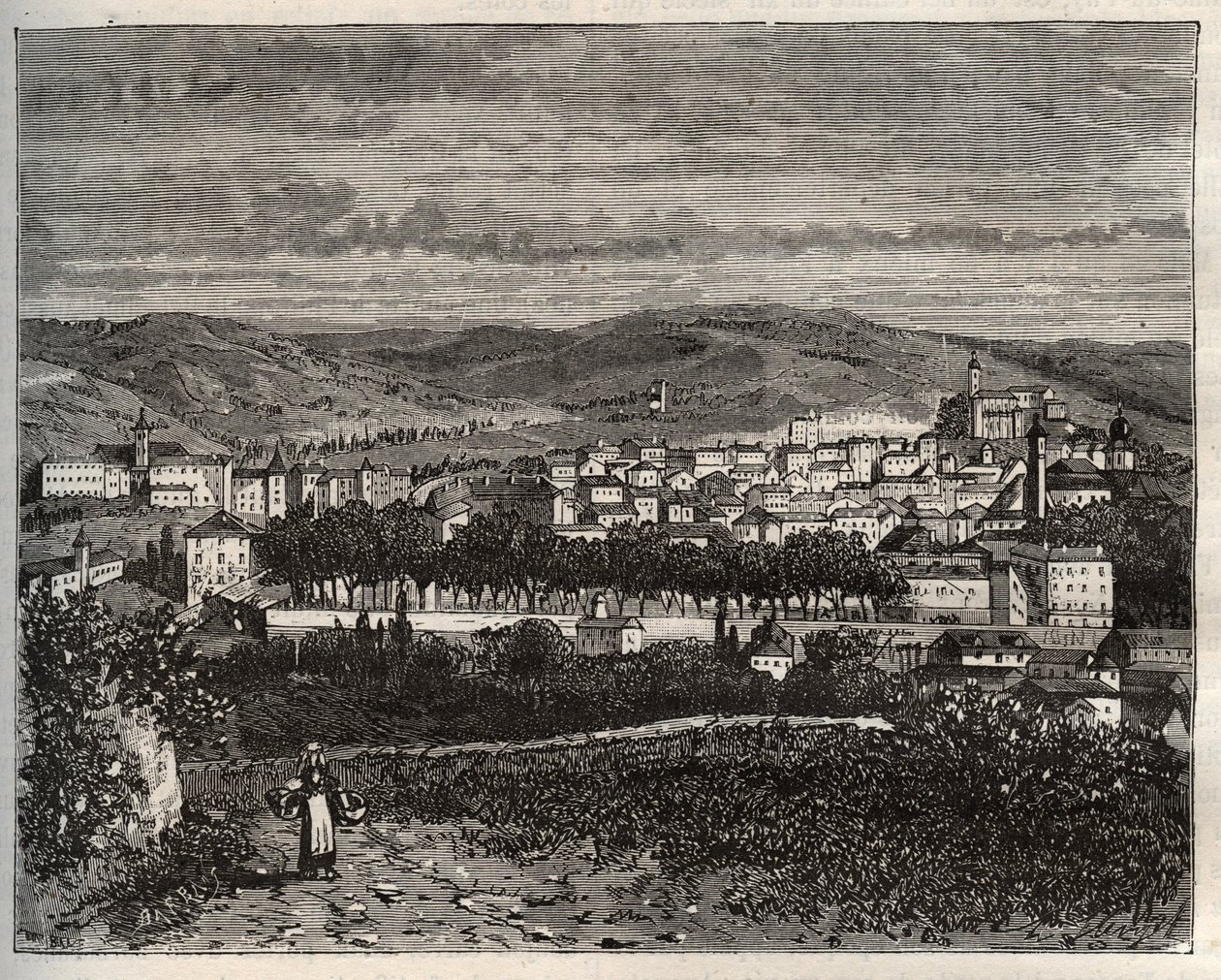 Figeac - Lot, a Midi-Pyrenees régióban - metszet a „La France illustree: földrajz, történelem, statisztikai igazgatás” című könyvében, V.A. Maláta-barna. 1884 alkotó: French School