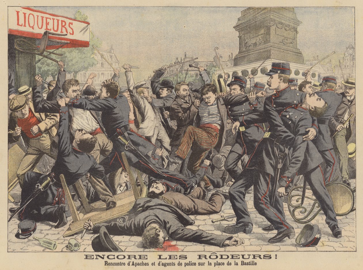 Apacsok és a rendőrség közötti harc a párizsi Place de la Bastille téren (színes lithó) alkotó: French School