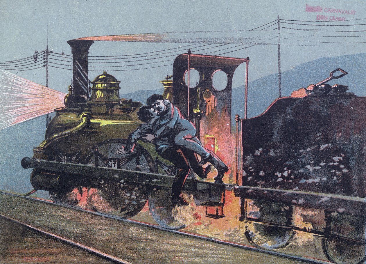 Harc Jacques Lantier (1840-70) és Pecqueux között a vonaton, Le Lison, jelenet a La Bete Humaine című filmből, Emila Zola (1840-1902) illusztrációja a Le Petit Rouennais-ból alkotó: French School