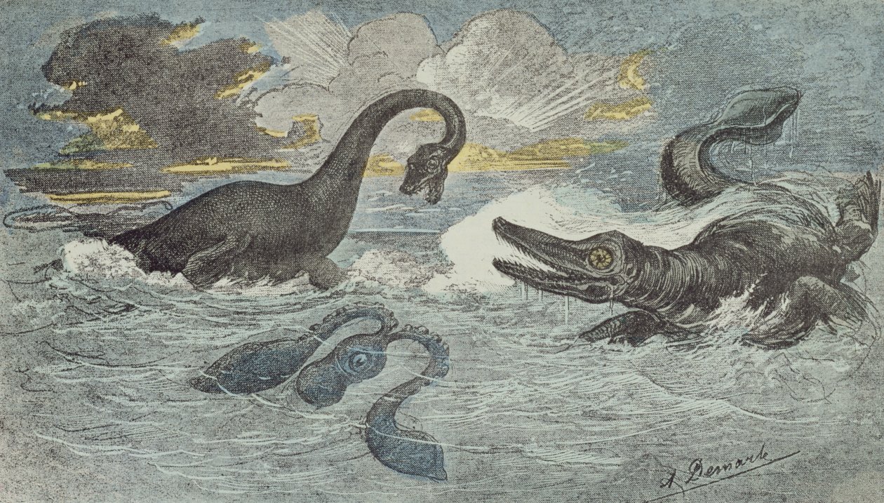Harc egy plesiosaurus és egy ichthiosaurus között a liász vagy jura időszakban (208-146 millió évvel ezelőtt), 1880 (színes gravírozás) alkotó: French School