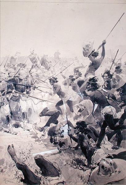 Harc zuluk és angol katonák között, 1878 körül (akvarell, papír) alkotó: French School