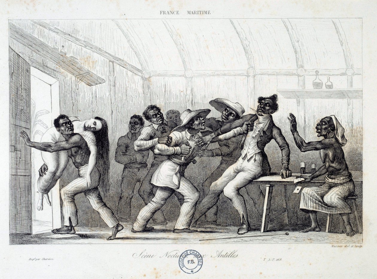 Egy nyugat-indiai kocsmában harcolva rablók elrabolnak egy fiatal fehér nőt. 19. századi metszet. Chartres, Szépművészeti Múzeum alkotó: French School