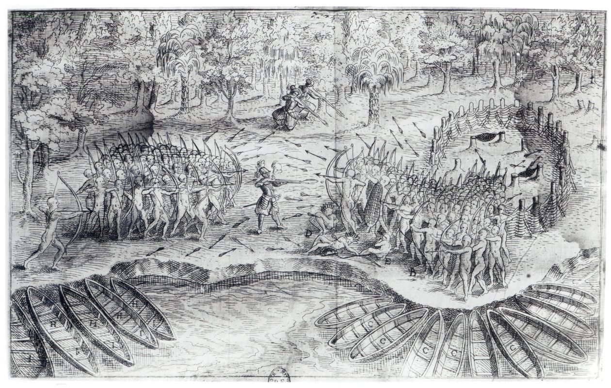 Huronok elleni harc, Samuel de Champlain (1567-1635) 1624-es "Champlain útja" című művéből. alkotó: French School