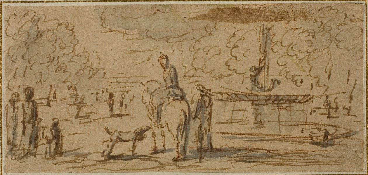Sétáló és lóháton figurák a parkban alkotó: French School