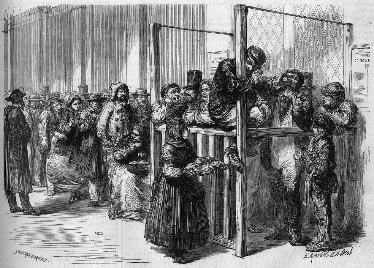 Sorozat a párizsi rue Mont Thabor pultjánál a francia kormány által 1864-ben indított háromszáztizenöt milliós nemzeti kölcsön előfizetésére. Metszet a „Le Monde Illustre” 355. számában, 1864. január 30.. alkotó: French School