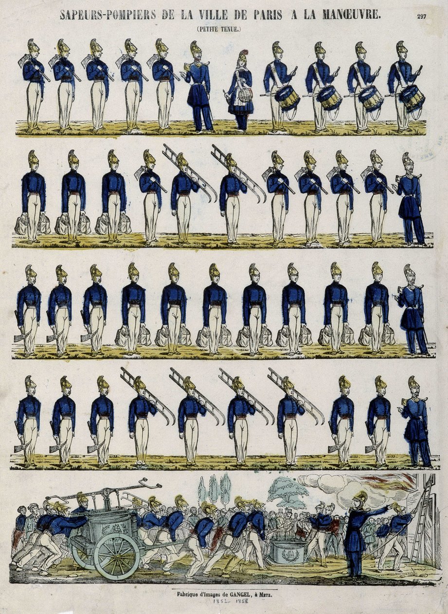 Párizs város tűzoltósága manőverben – Epinal képe, 1852 körül alkotó: French School