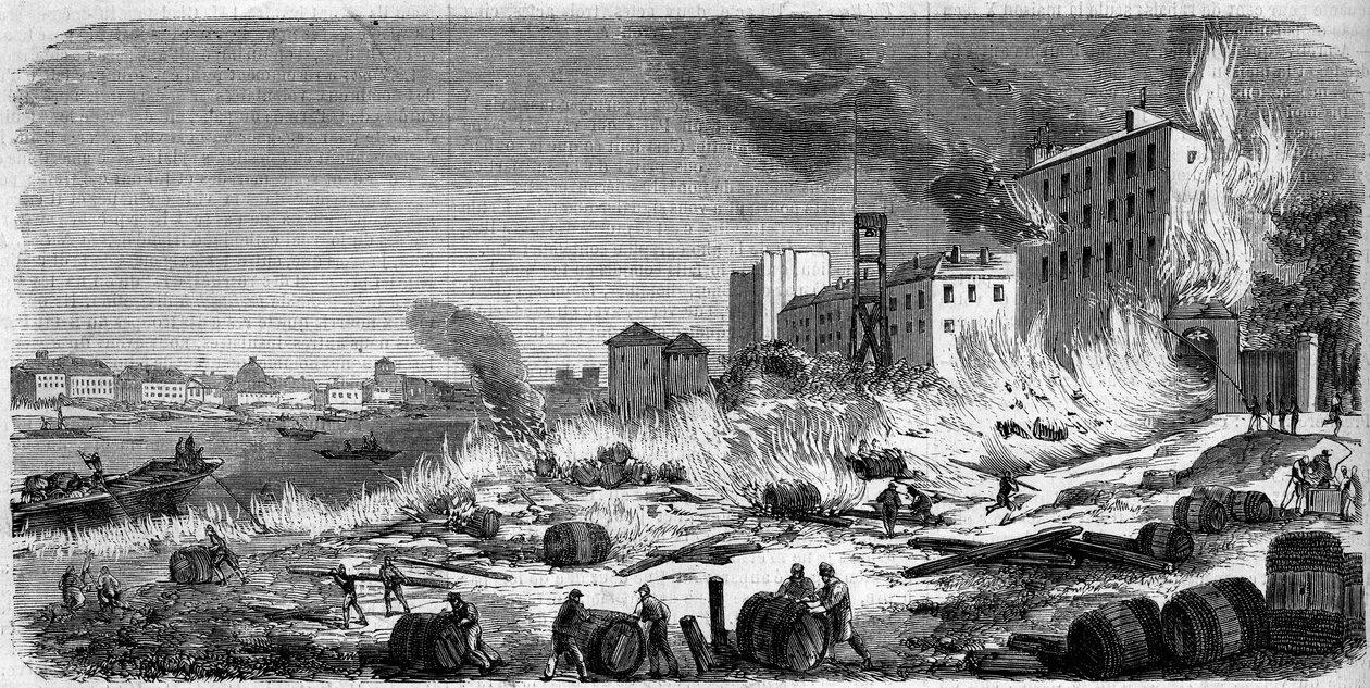 Bercy borraktárak tüze 1860. augusztus 5-én. Metszet a „” Le Monde Illustré”” 174. számban, 1860. augusztus 11.. alkotó: French School