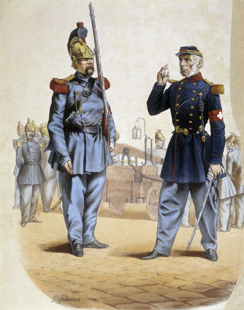 Tűzoltók 1860-ban – Perron rajza, Arts Deco alkotó: French School