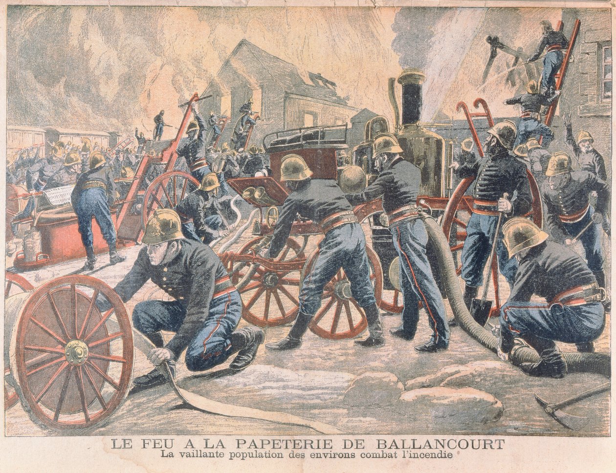 Tűzoltók egy papírgyárban Ballancourtban, a Le Petit Journalból, 1905 alkotó: French School