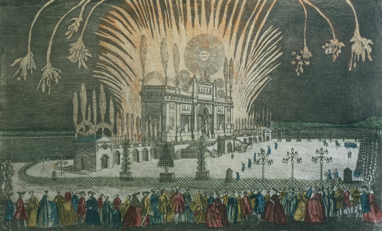 Tűzijáték a Green Parkban az 1763-as Párizsi Szerződés aláírásának megünneplésére alkotó: French School