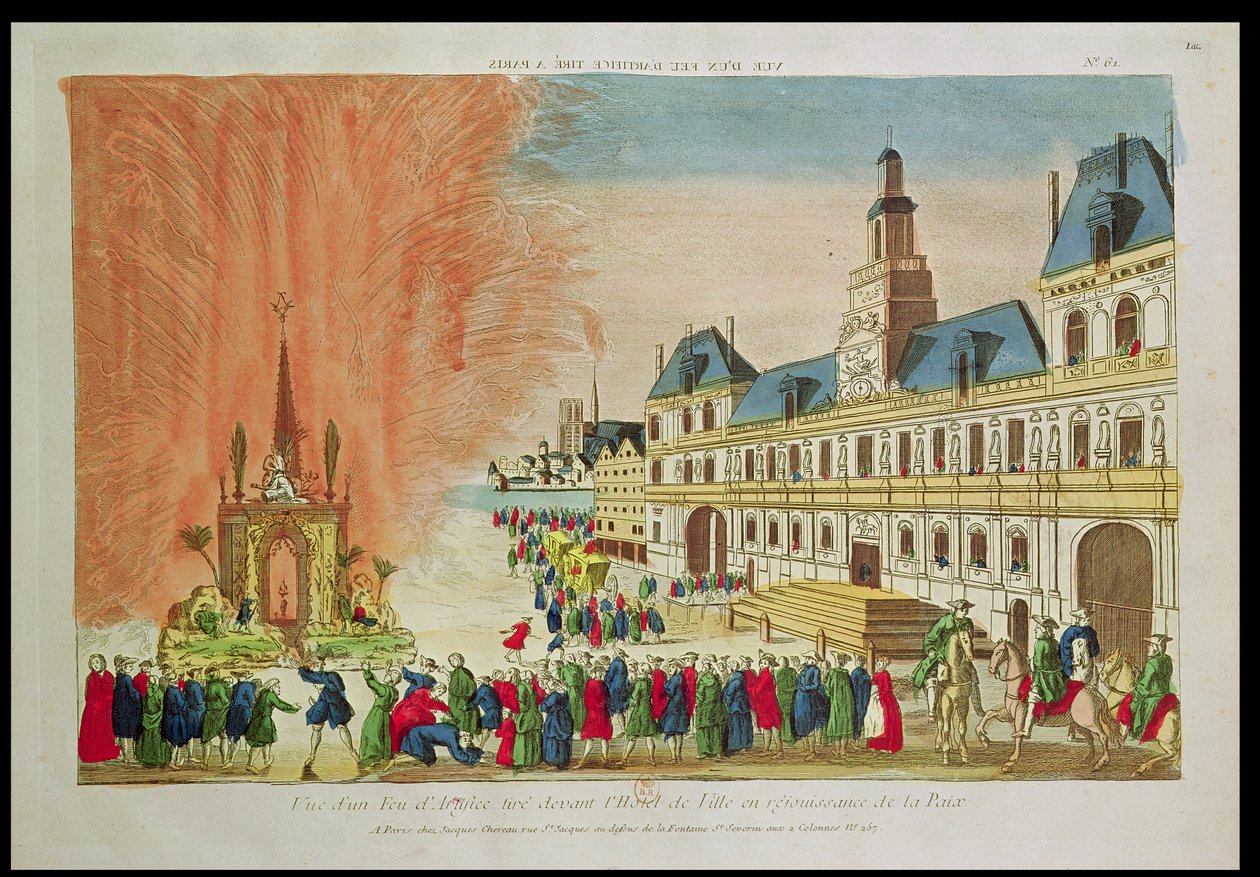 Tűzijáték a párizsi Hotel de Ville előtt, az 1783-as versailles-i békét ünnepelve alkotó: French School