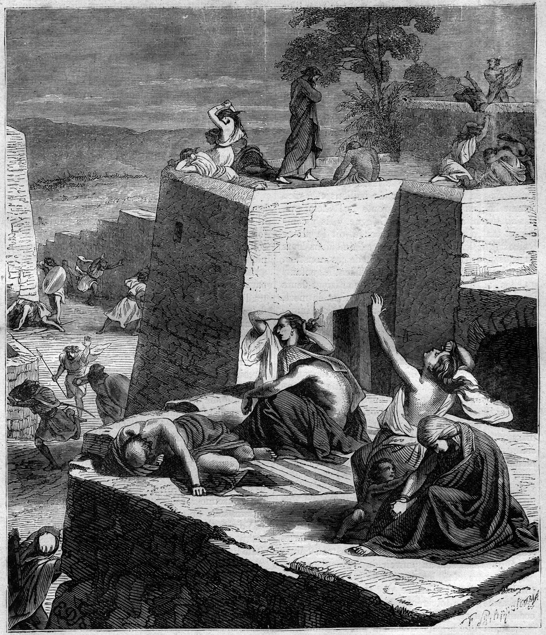 Első keresztes hadjárat (1096-1099): A német keresztes hadjáratok szétverték a magyarokat és felgyújtották a városokat. Metszet a „Histoire des Papes-Rois-Queen and Empereurs a travers les centuries” című könyvébe, Maurice Lachatre alkotó: French School