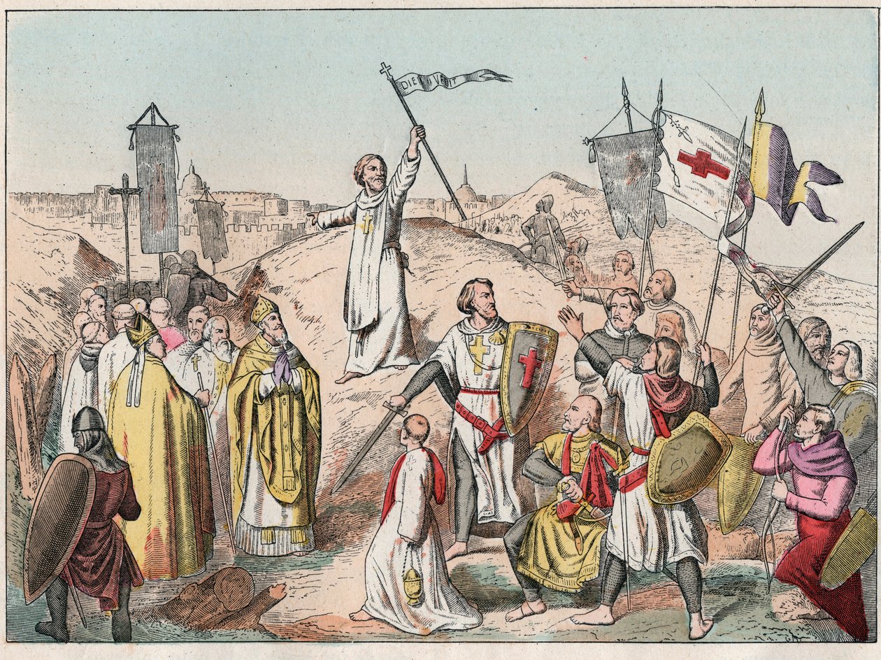 Első keresztes hadjárat: Jeruzsálem ostroma és elfoglalása a Godefroy (Godefroi) de Bouillon (1058-1100) által vezetett croisok által 1099-ben - Godfrey de Bouillon Jeruzsálem ostrománál - 19. század végi metszet „” Nosban Gires Nationales - Képek e alkotó: French School