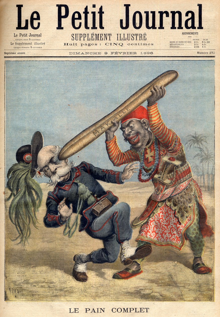Az első olasz-etióp háború – Francesco Crispi (1818-1901) karikatúrája és az olasz megszálló hadsereg veresége az etiópiai Makalle ostrománál – a „Le Petit Journal” 1896.02.09.-ben (metszet) alkotó: French School