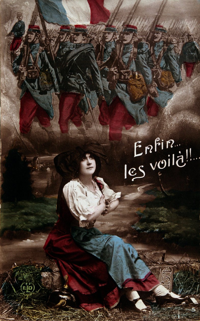 Első világháború: "Végre itt vannak" Egy elzászi alig várja, hogy megérkezzenek a francia hadsereg katonái alkotó: French School