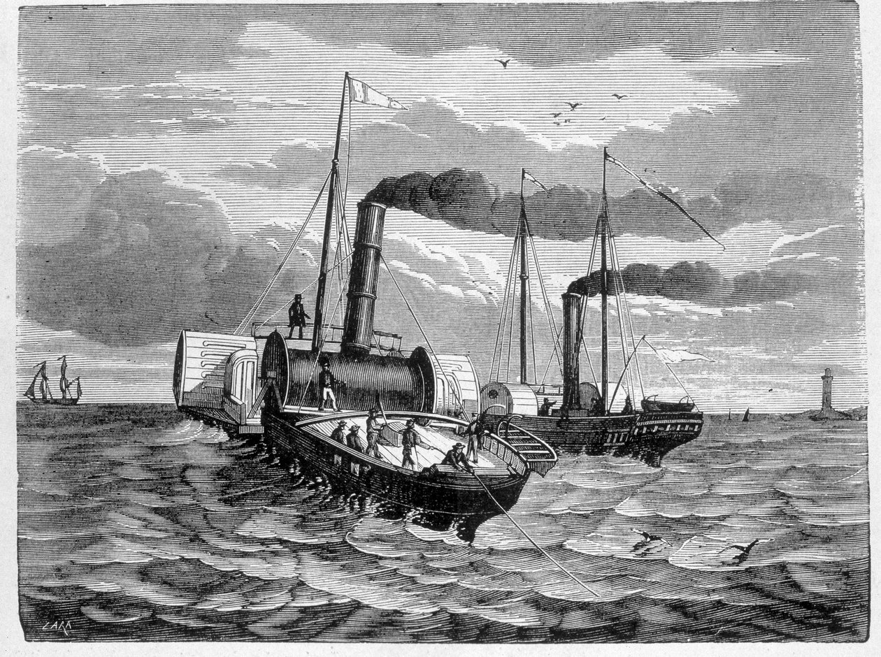 Első kísérlet elektromos vezeték beépítésére Dovertől Calais-ig (1851) - a „tudomány Albumában”; jeles tudósok; Nagy felfedezések””” 1896. alkotó: French School