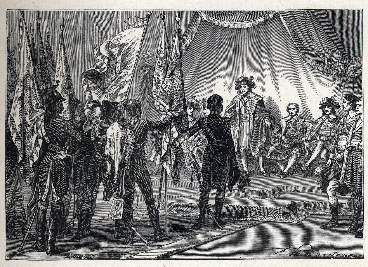 Első koalíció: Joachim Murat (1767-1815) bemutatja a végrehajtó testületnek a Bonaparte Napóleon által irányított francia hadsereg által az olasz hadjárat során meghódított zászlókat. Metszet 1889-ből. Magángyűjtemény. alkotó: French School
