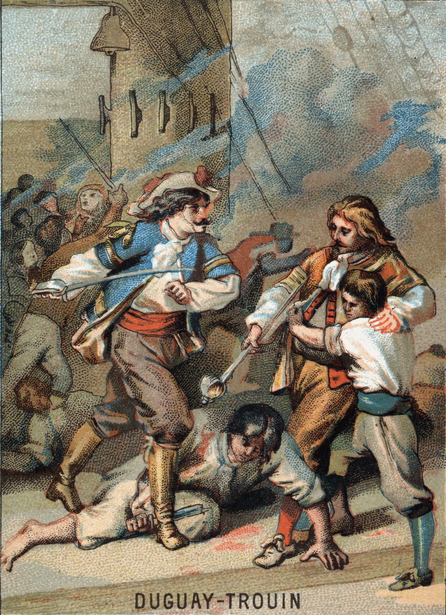 Rene Duguay Trouin (Duguay-Trouin) (Rene Trouin du Gue dit) (1673-1736) első bravúrja, francia tengerész: Duguay – Wassenaer, a Trouin harcos (1695). A „Hazafias nevelés képen keresztül” sorozat kromolitográfiája. alkotó: French School