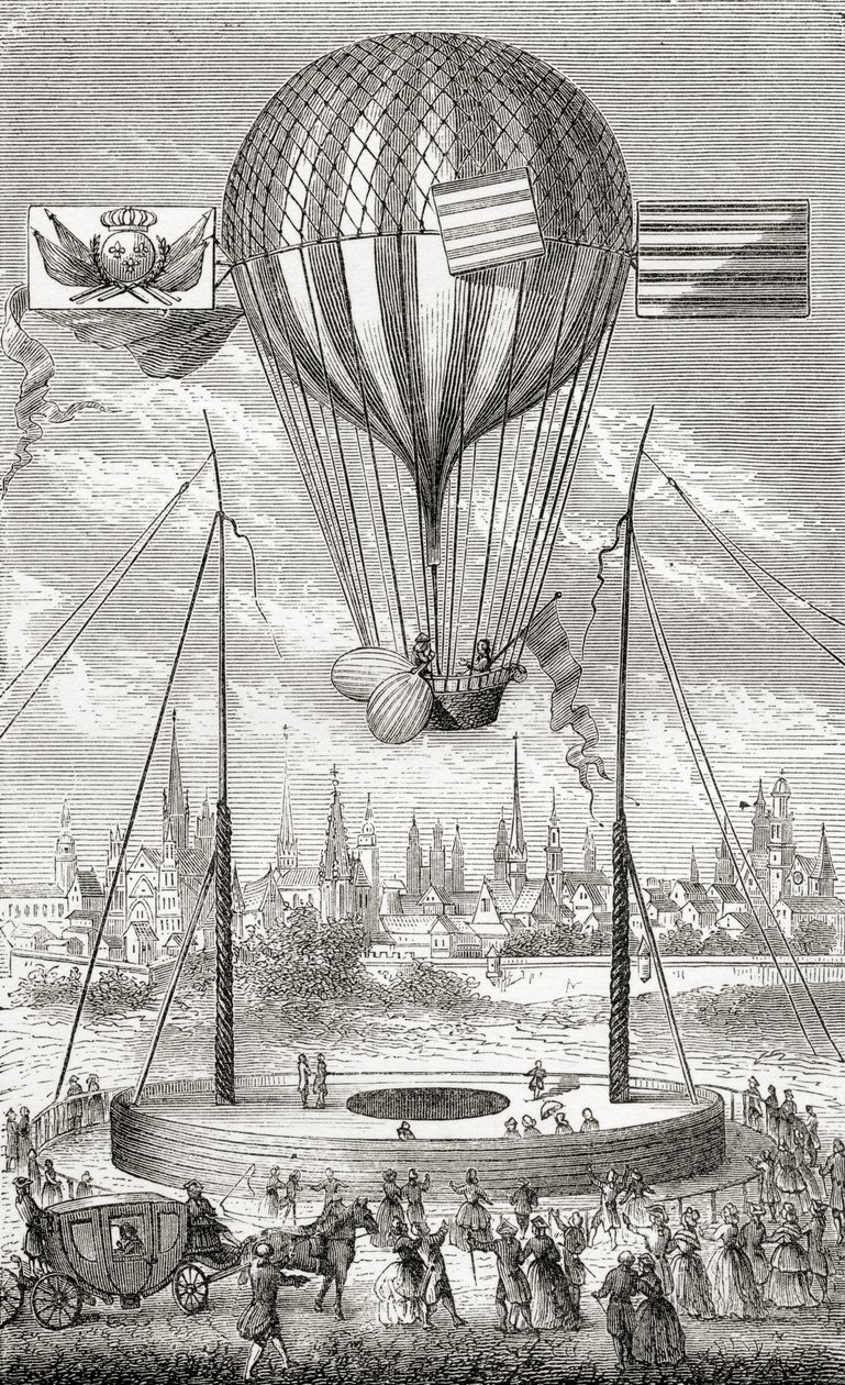 Első repülés irányítható ballonnal, Dijonból, 1784. június 12-én, a "Csodálatos léggömbemelkedések vagy az égbolt meghódítása" című filmből, Fulgence Marion 1870 körül. alkotó: French School