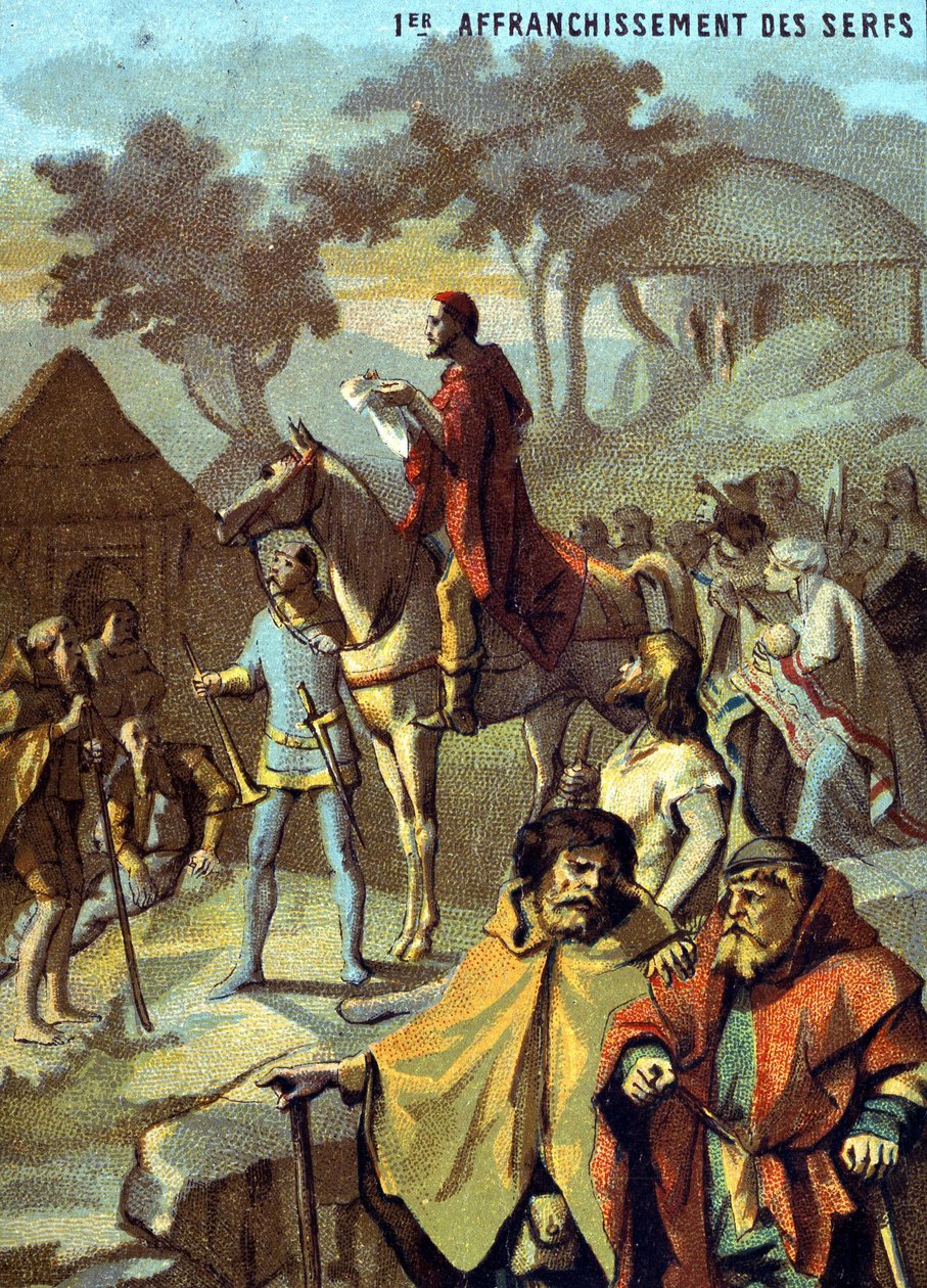 A jobbágyok első felszabadítása (1315), X. Lajos. Kromolitográfia a „” Hazafias tanítás a képen keresztül” sorozatban. alkotó: French School