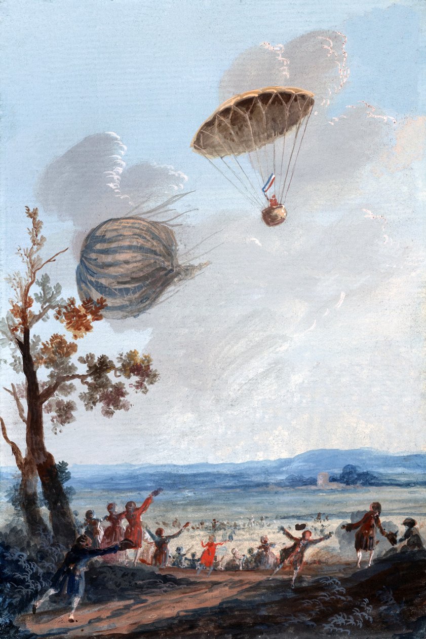 Az első ember, aki leereszkedett ejtőernyővel, 1797. október 22-én, a Parc Monceau-ban, Párizsban, 1797 körül alkotó: French School